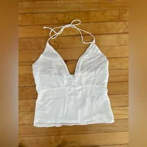Abercrombie White Cropped Linen Tie Halter Top, Size S